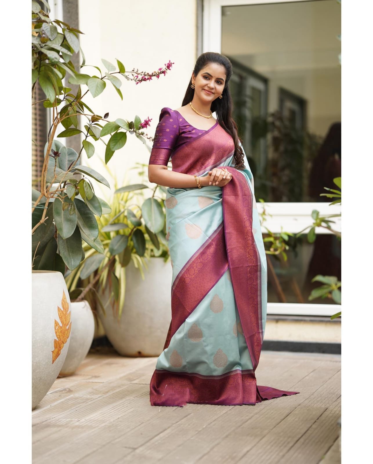 Luxuriant Sky Soft Silk Saree With Denouement Blouse Piece