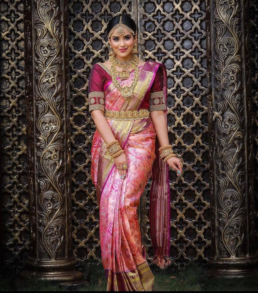 Flameboyant Pink Soft Banarasi Silk Saree With Nemesis Blouse Piece