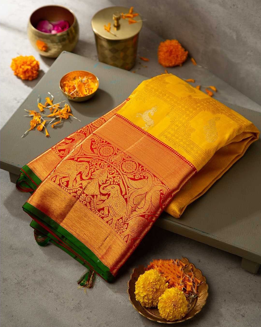 Captivating Yellow Soft Banarasi Silk Saree With Cynosure Blouse Piece