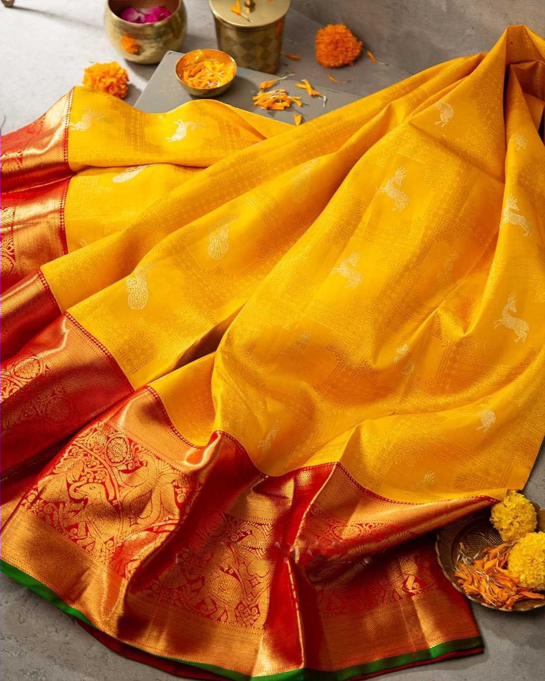 Captivating Yellow Soft Banarasi Silk Saree With Cynosure Blouse Piece