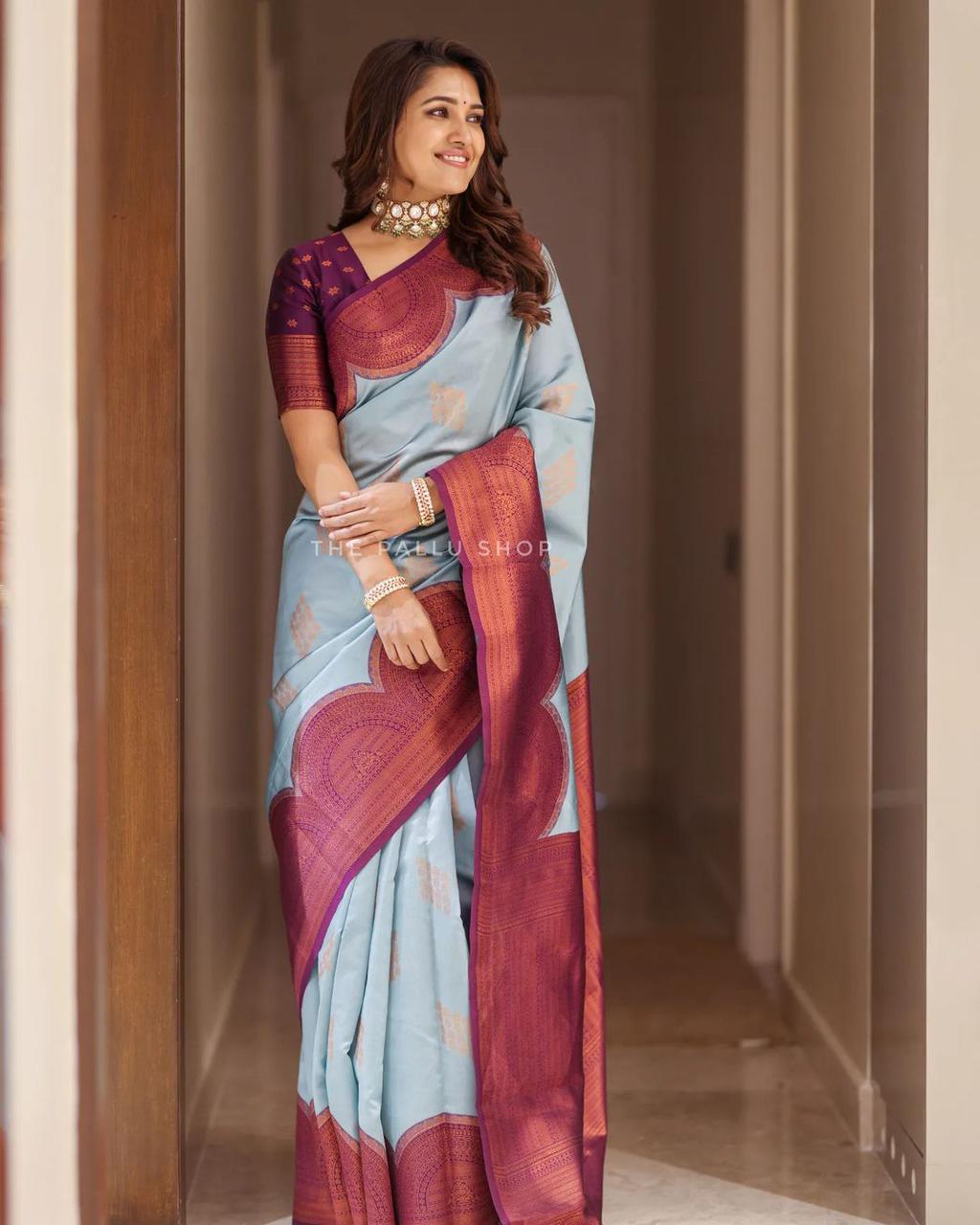 Surreptitious Sky Soft Silk Saree With Gorgeous Blouse Piece