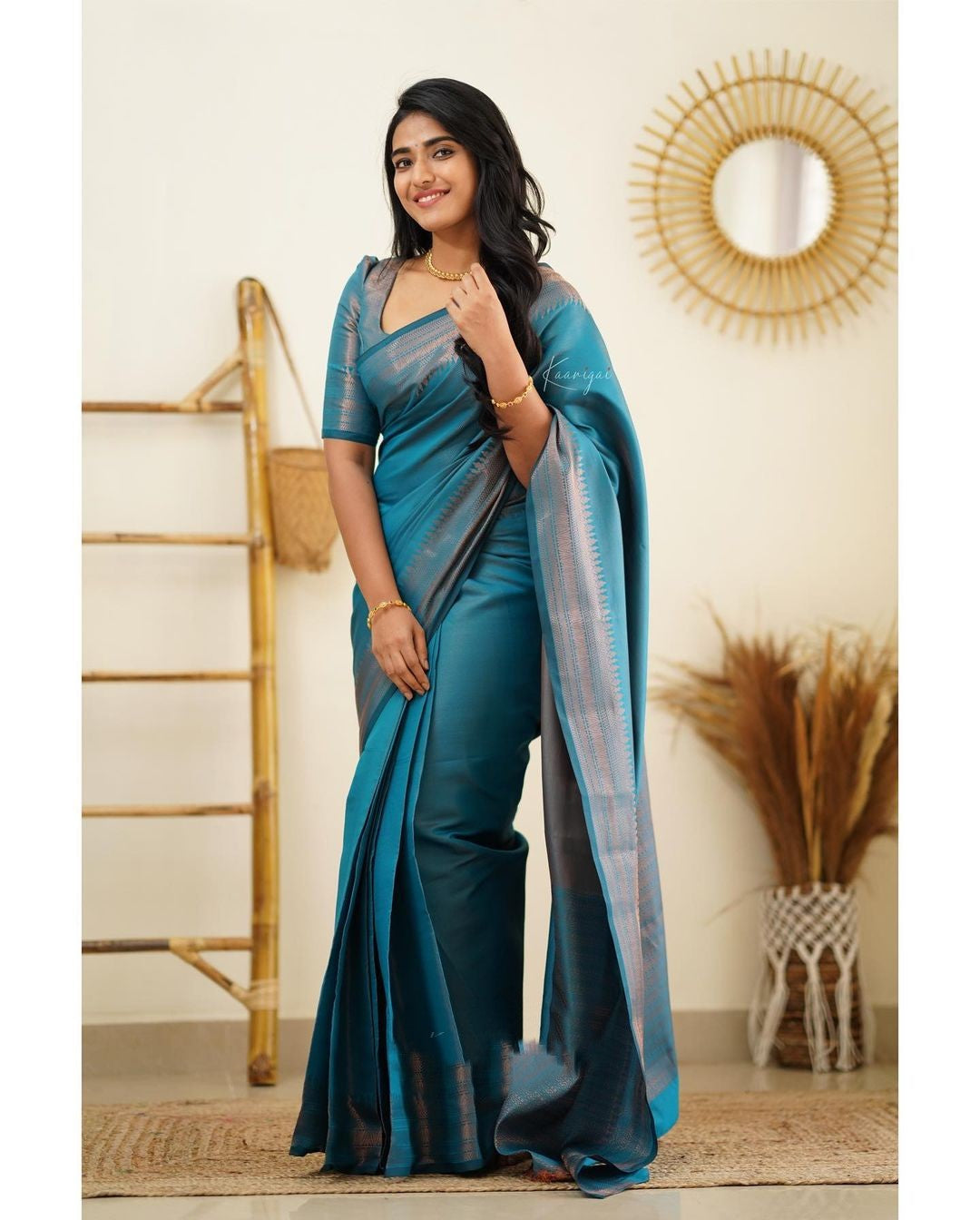 Artistic Firozi Soft Silk Saree With Elaborate Blouse Piece