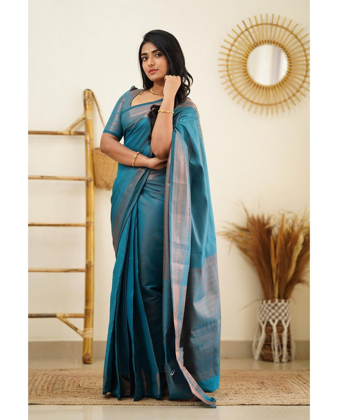 Artistic Firozi Soft Silk Saree With Elaborate Blouse Piece