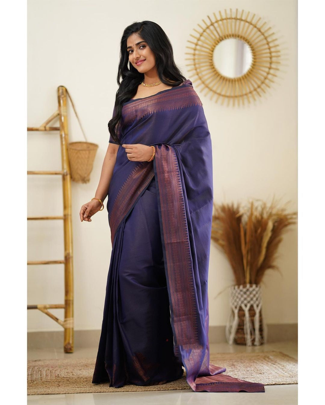 Symmetrical Navy Blue Soft Silk Saree With Gossamer Blouse Piece