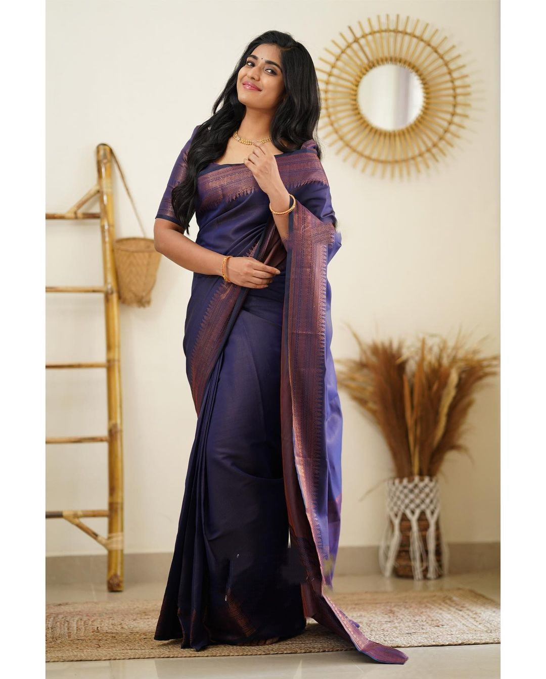 Symmetrical Navy Blue Soft Silk Saree With Gossamer Blouse Piece