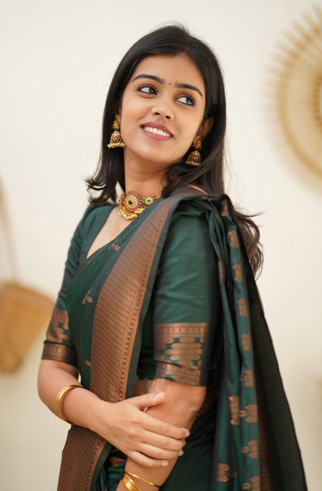 Lassitude Dark Green Soft Silk Saree With Refreshing Blouse Piece