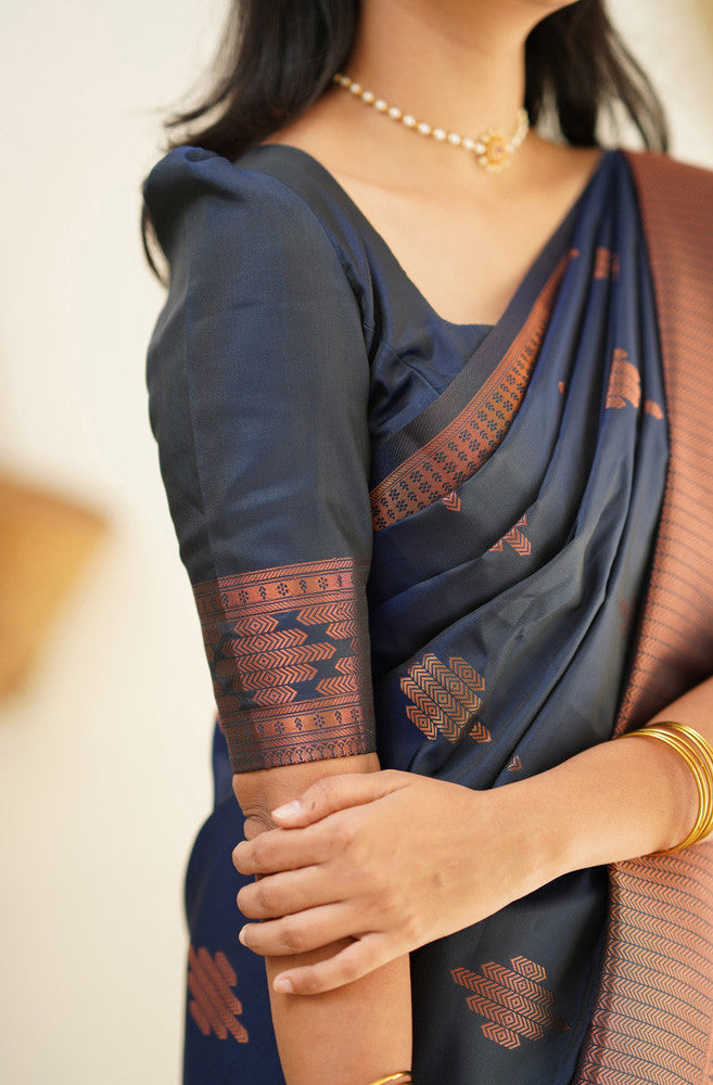 Lagniappe Navy Blue Soft Silk Saree With Beautiful Blouse Piece