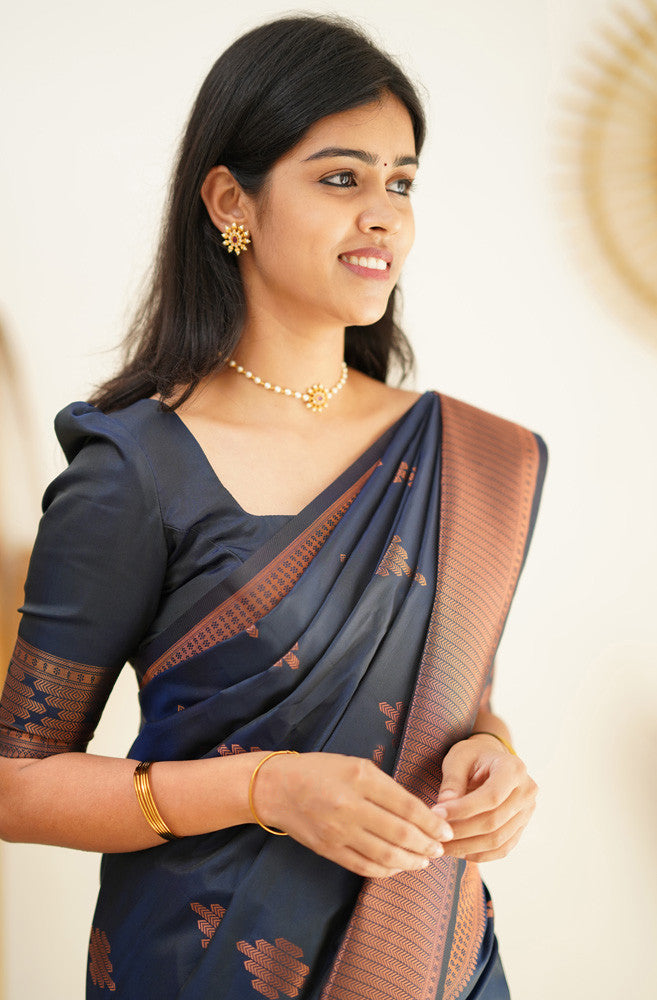 Lagniappe Navy Blue Soft Silk Saree With Beautiful Blouse Piece