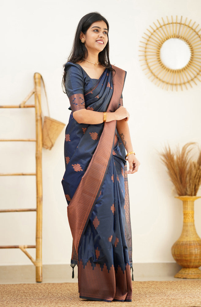 Lagniappe Navy Blue Soft Silk Saree With Beautiful Blouse Piece