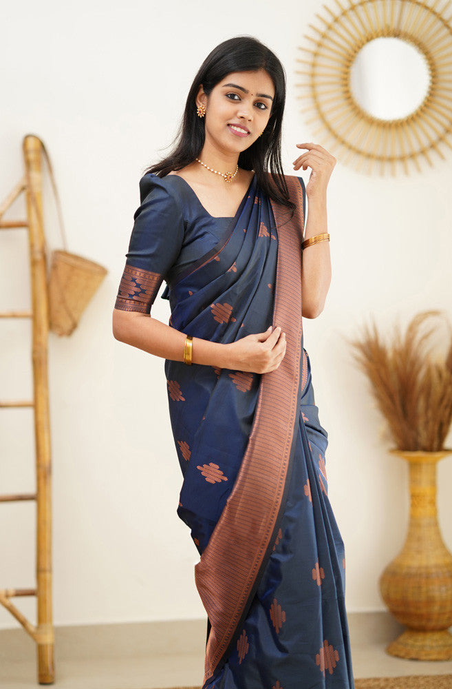 Lagniappe Navy Blue Soft Silk Saree With Beautiful Blouse Piece