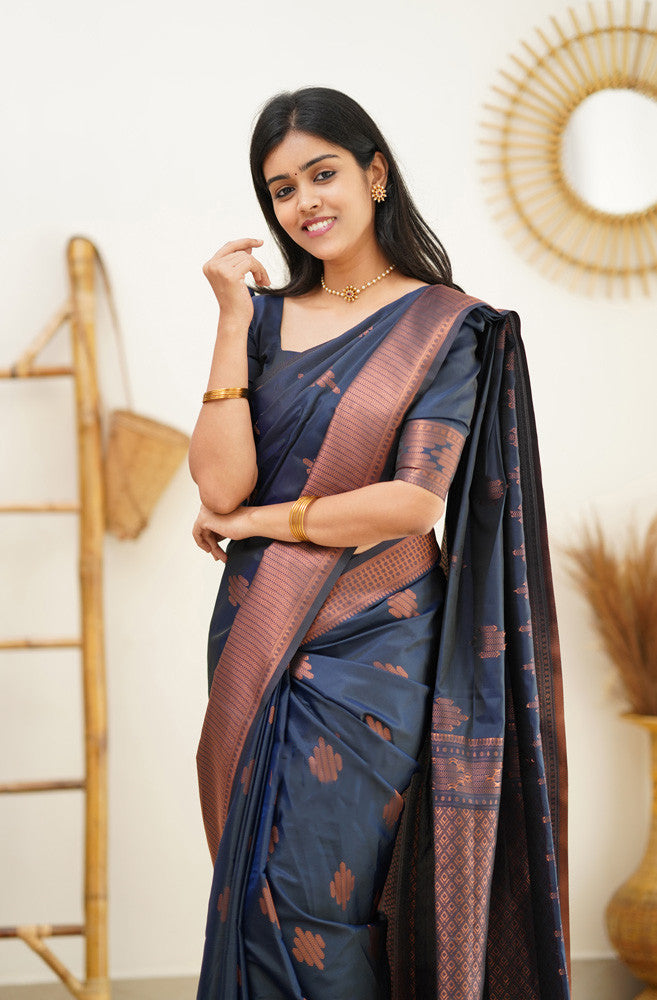 Lagniappe Navy Blue Soft Silk Saree With Beautiful Blouse Piece