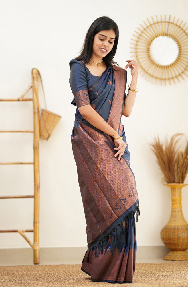 Lagniappe Navy Blue Soft Silk Saree With Beautiful Blouse Piece