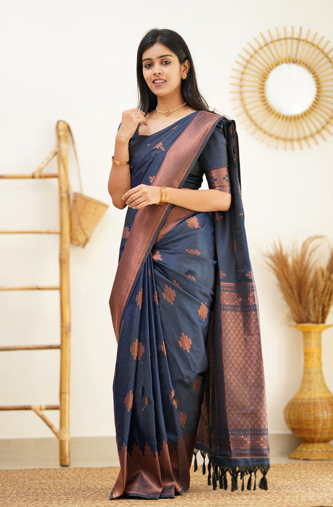 Lagniappe Navy Blue Soft Silk Saree With Beautiful Blouse Piece