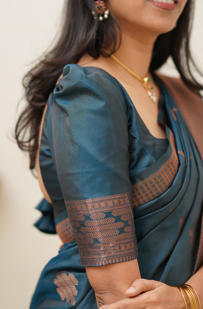 Gossamer Rama Soft Silk Saree With Blissful Blouse Piece