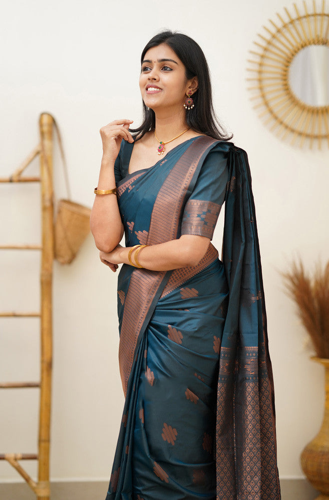 Gossamer Rama Soft Silk Saree With Blissful Blouse Piece