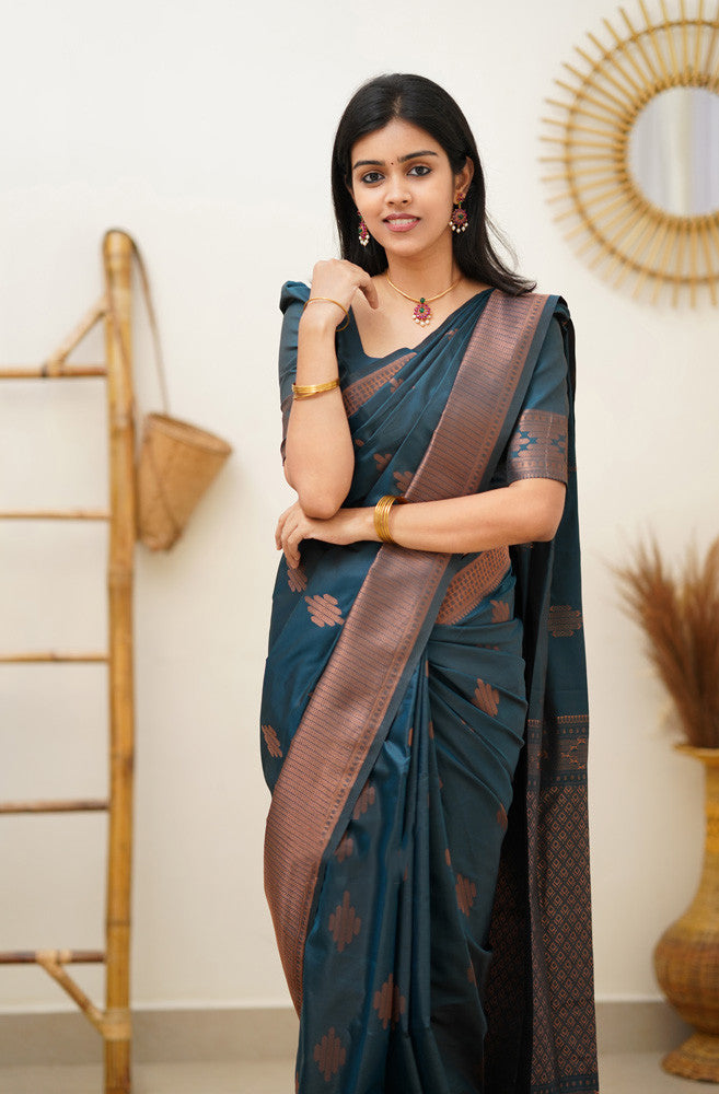 Gossamer Rama Soft Silk Saree With Blissful Blouse Piece