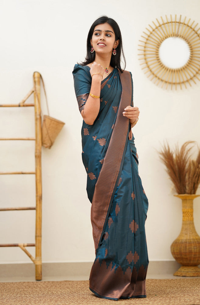 Gossamer Rama Soft Silk Saree With Blissful Blouse Piece