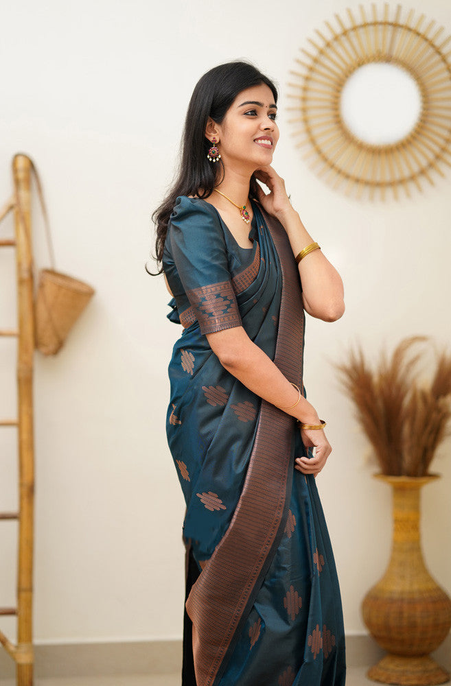 Gossamer Rama Soft Silk Saree With Blissful Blouse Piece