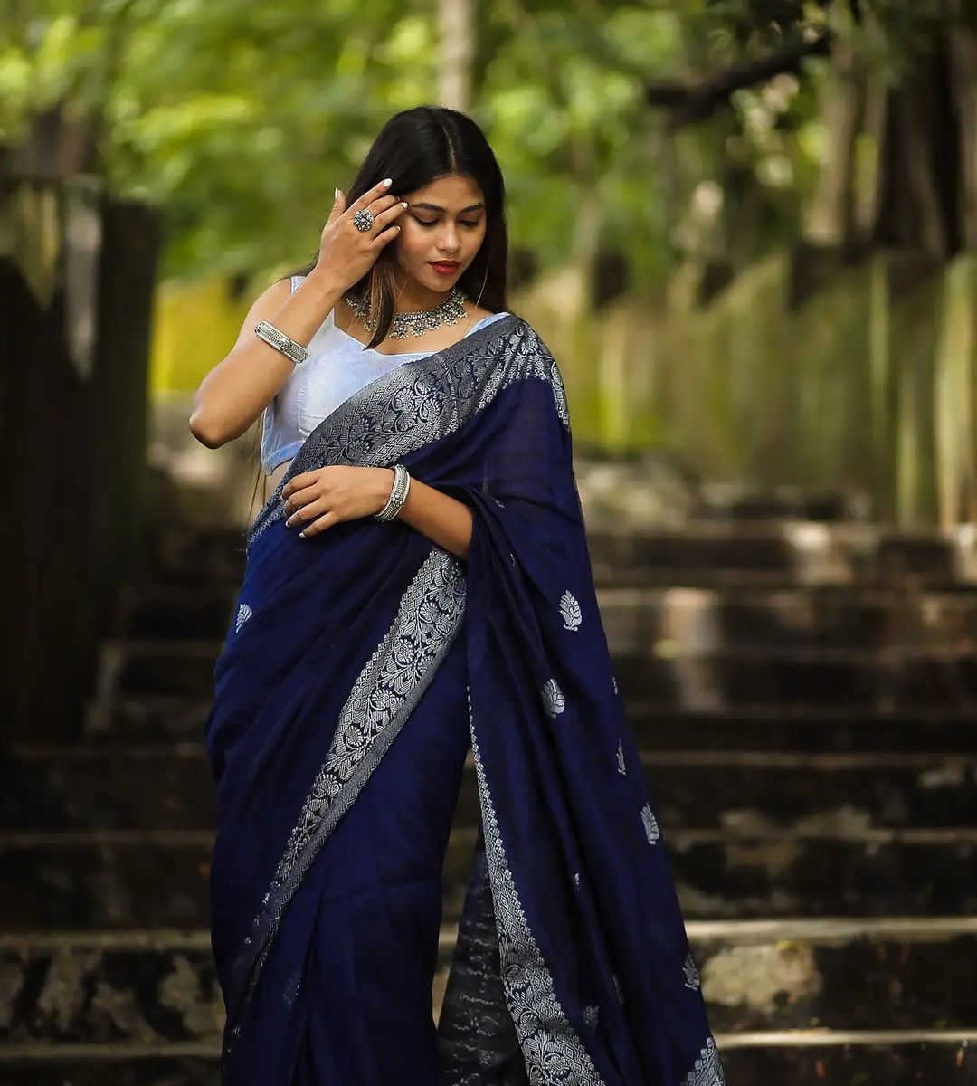 Winsome Navy Blue Soft Silk Saree With Glowing Blouse Piece