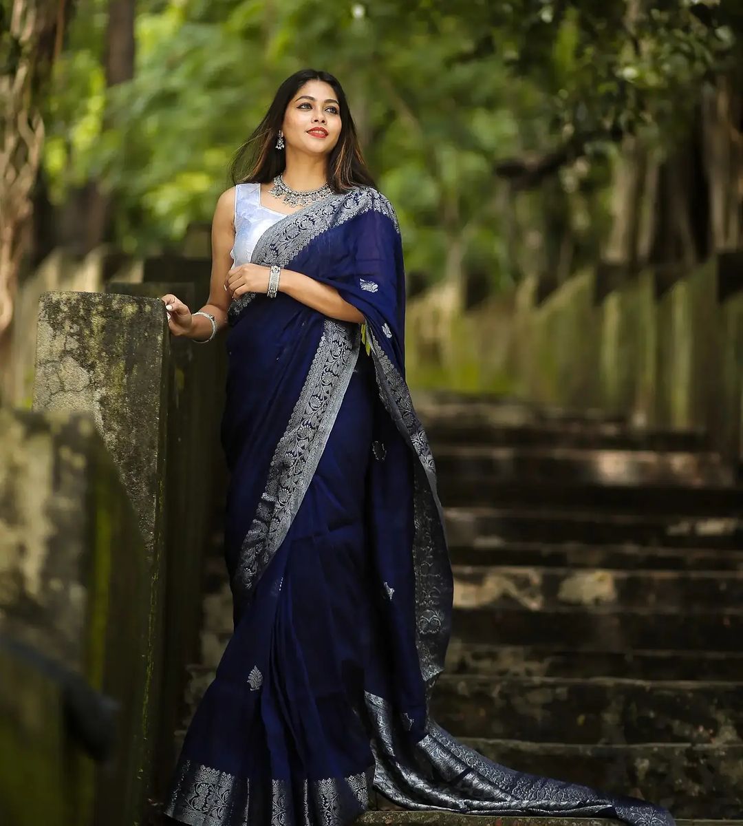 Winsome Navy Blue Soft Silk Saree With Glowing Blouse Piece