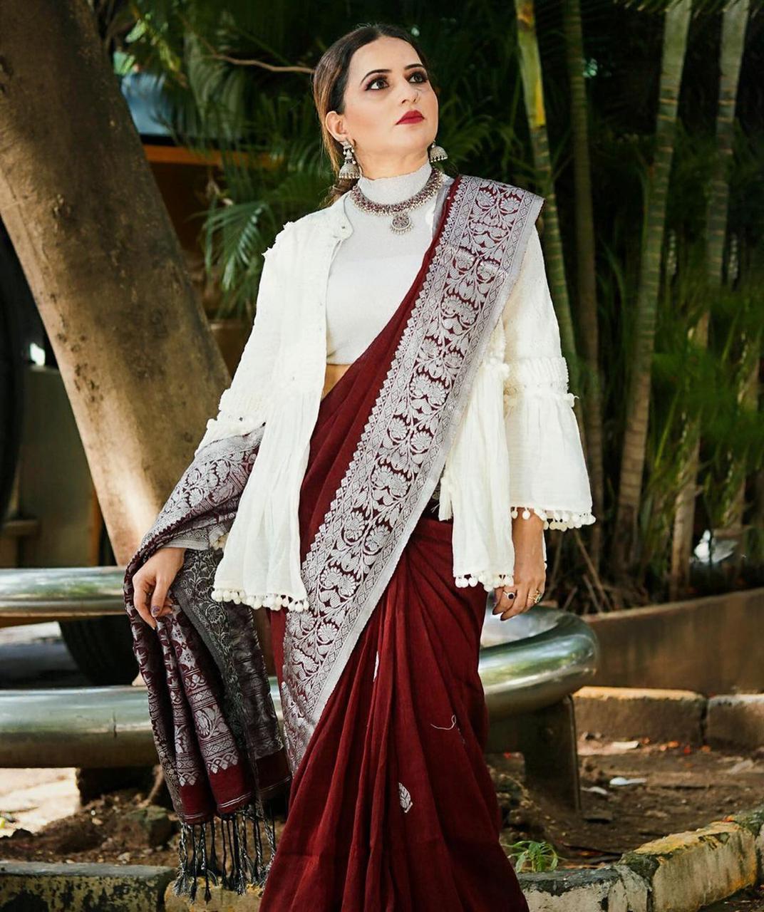 Ineffable Wine Soft Banarasi Silk Saree With Attractive Blouse Piece