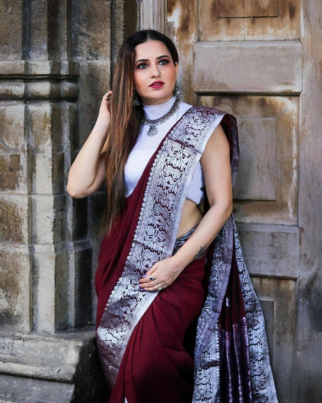 Ineffable Wine Soft Banarasi Silk Saree With Attractive Blouse Piece