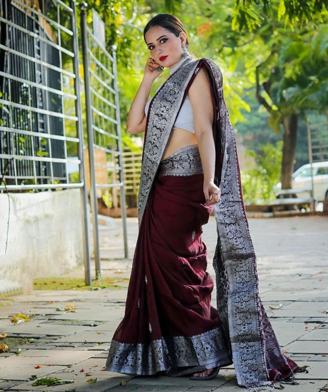 Ineffable Wine Soft Banarasi Silk Saree With Attractive Blouse Piece