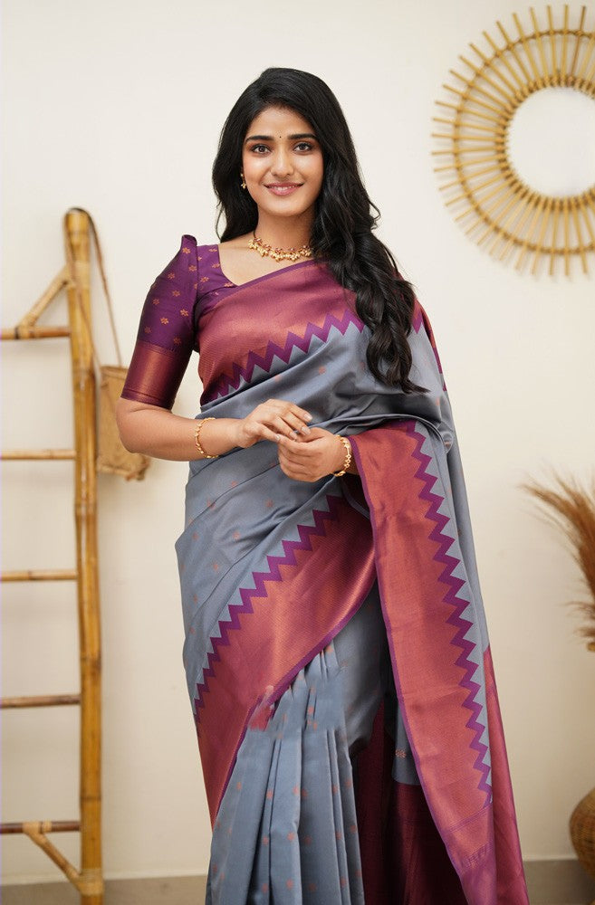 Ephemeral Grey Soft Silk Saree with Inspiring Blouse Piece