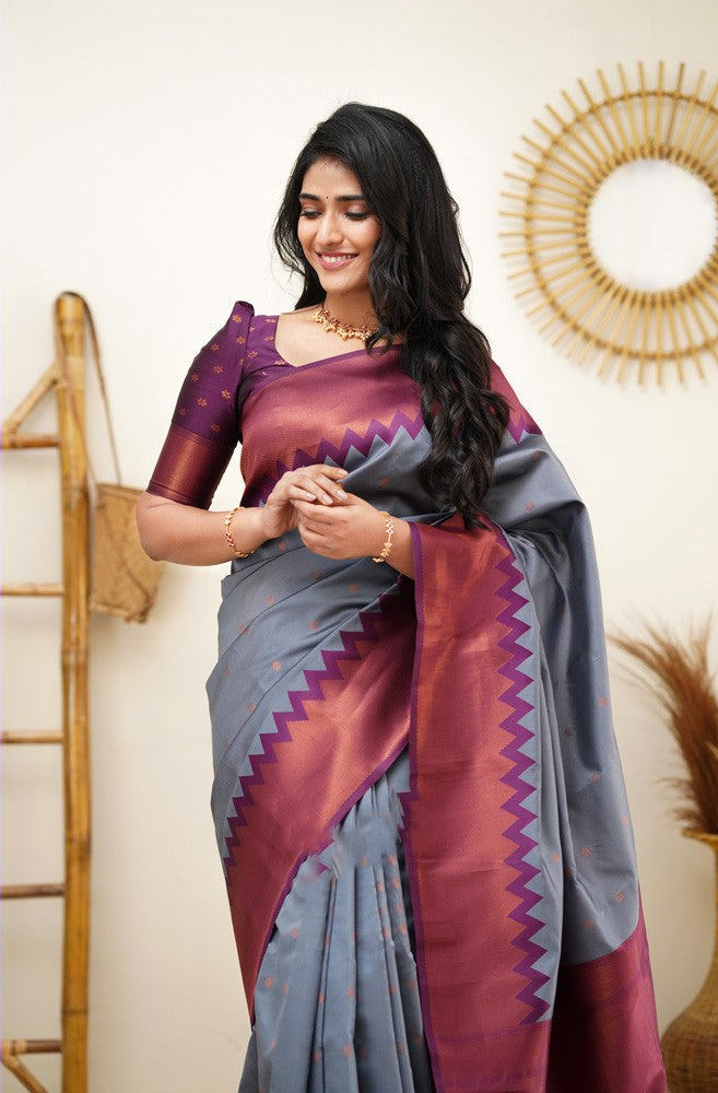 Ephemeral Grey Soft Silk Saree with Inspiring Blouse Piece