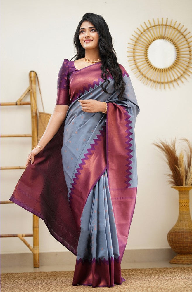 Ephemeral Grey Soft Silk Saree with Inspiring Blouse Piece