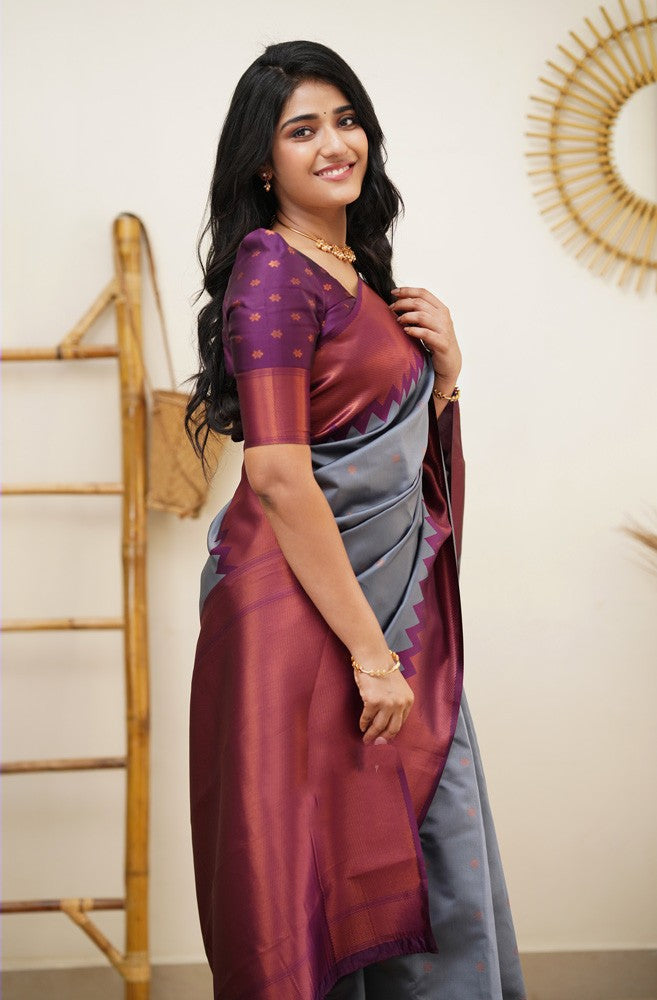 Ephemeral Grey Soft Silk Saree with Inspiring Blouse Piece