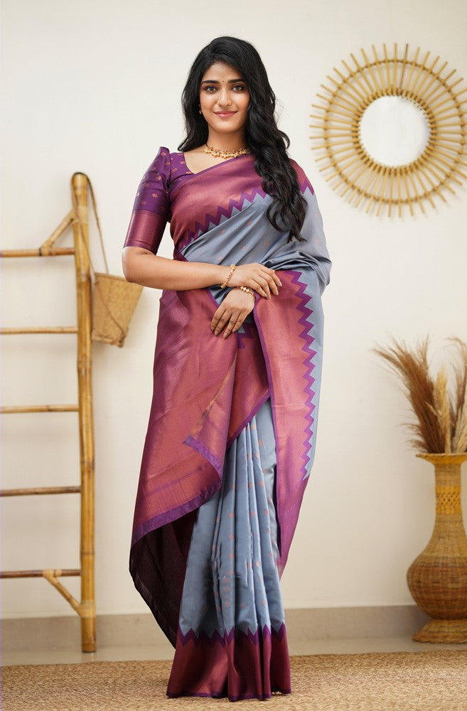 Ephemeral Grey Soft Silk Saree with Inspiring Blouse Piece