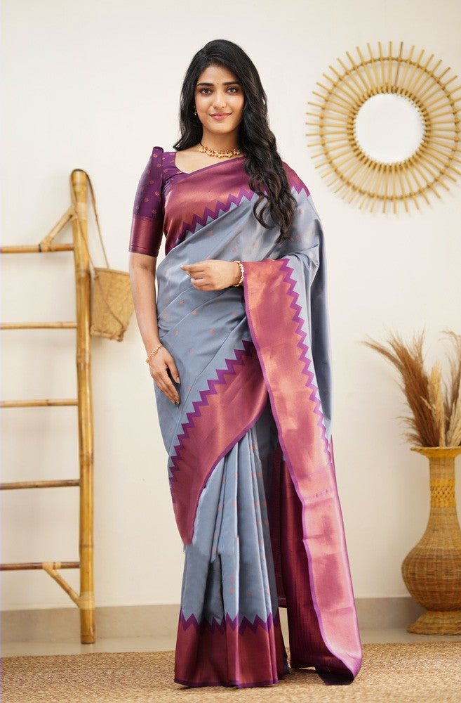 Ephemeral Grey Soft Silk Saree with Inspiring Blouse Piece