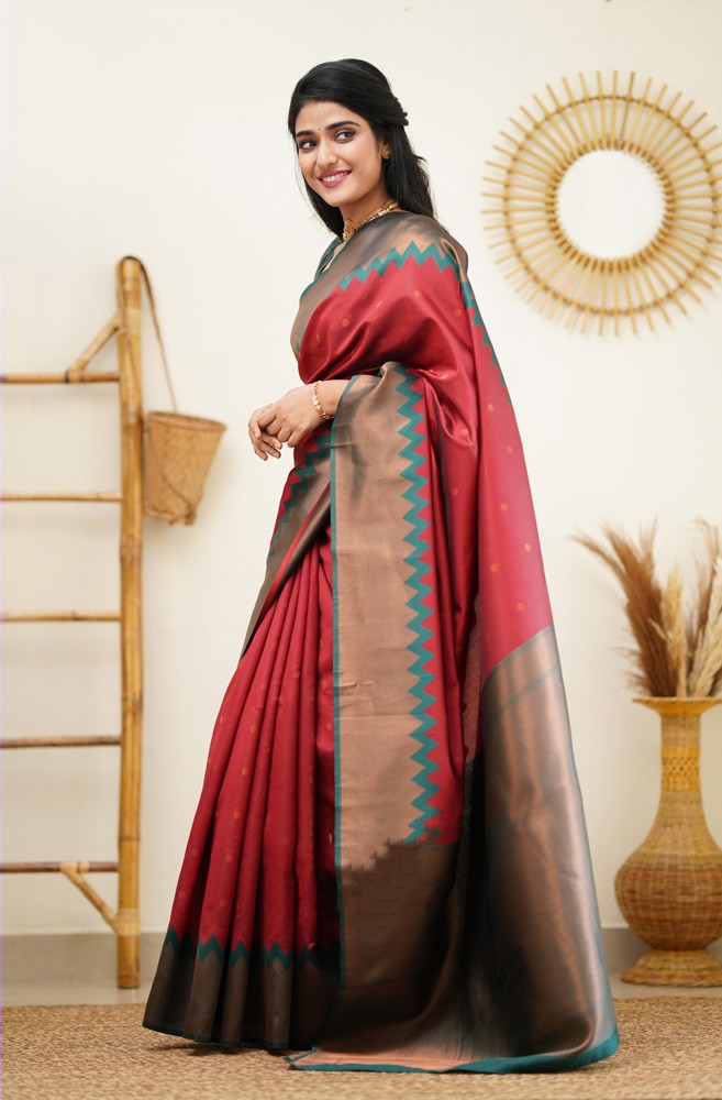 Embrocation Maroon Soft Silk Saree with Eloquence Blouse Piece