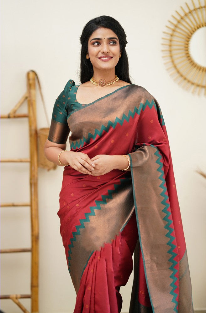 Embrocation Maroon Soft Silk Saree with Eloquence Blouse Piece