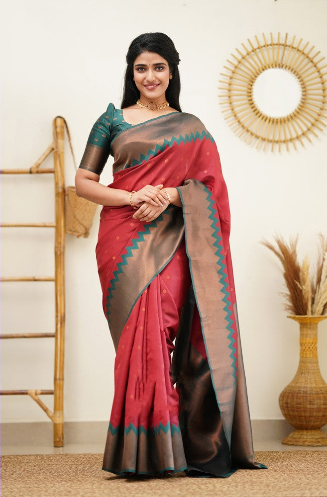 Embrocation Maroon Soft Silk Saree with Eloquence Blouse Piece