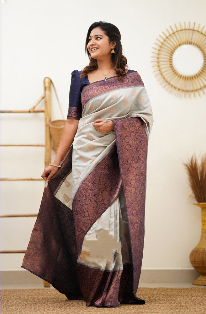 Denouement Beige Soft Banarasi Silk Saree With Delectable Blouse Piece