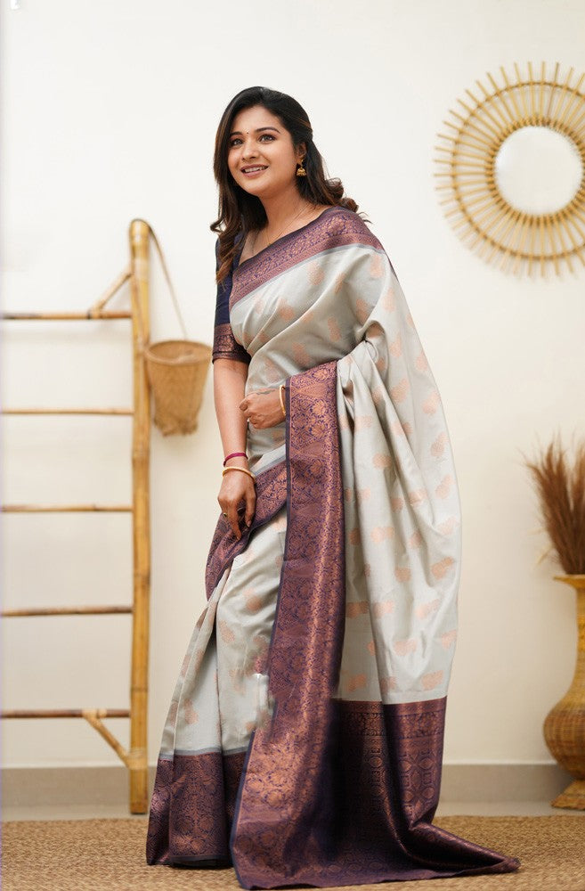 Denouement Beige Soft Banarasi Silk Saree With Delectable Blouse Piece