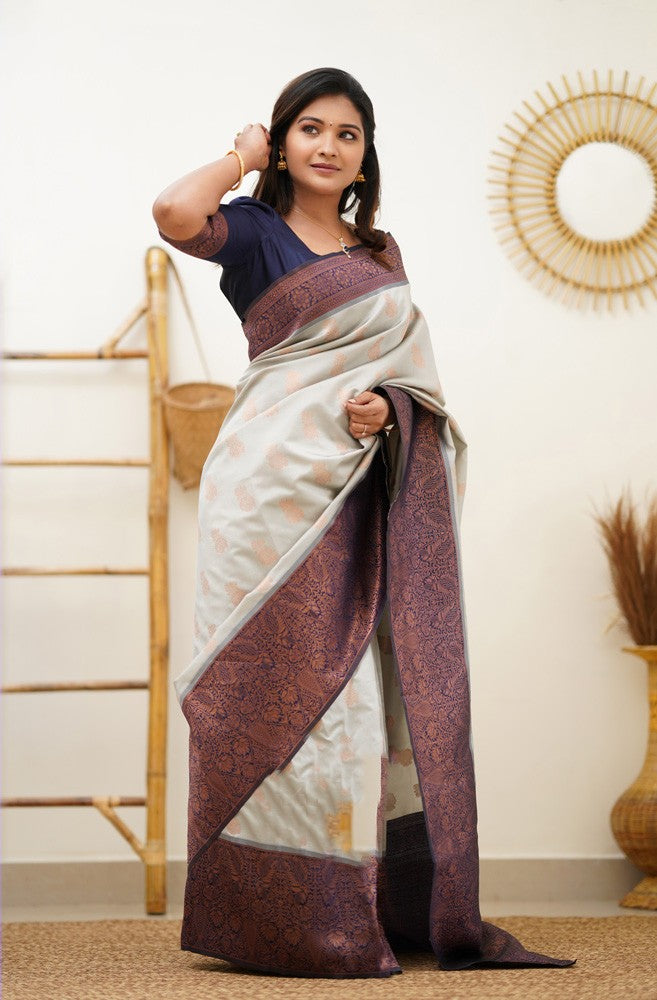 Denouement Beige Soft Banarasi Silk Saree With Delectable Blouse Piece