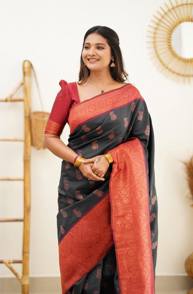 Magnetic Black Soft Banarasi Silk Saree With Luxuriant Blouse Piece