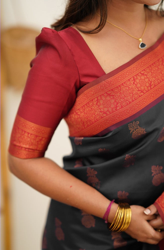 Magnetic Black Soft Banarasi Silk Saree With Luxuriant Blouse Piece