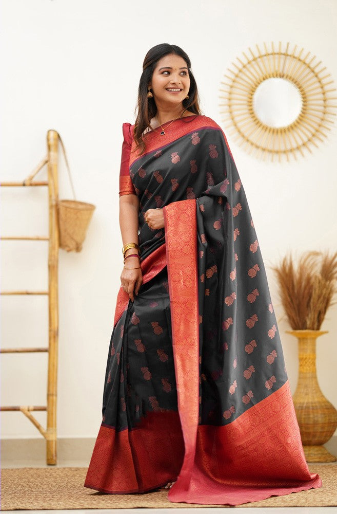 Magnetic Black Soft Banarasi Silk Saree With Luxuriant Blouse Piece