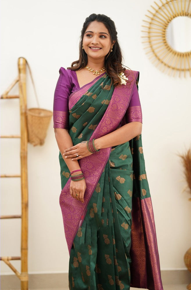 Devastating Green Soft Banarasi Silk Saree With Imaginative Blouse Piece