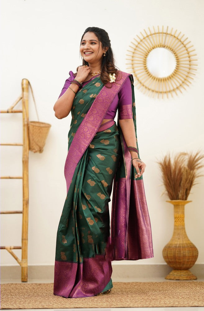 Devastating Green Soft Banarasi Silk Saree With Imaginative Blouse Piece