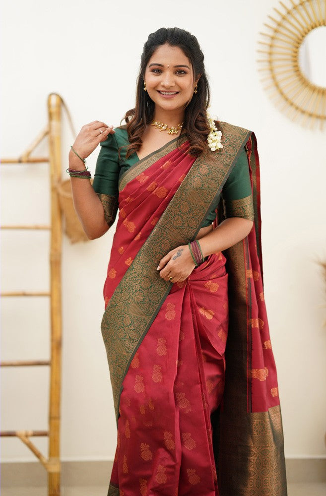 Delectable Maroon Soft Banarasi Silk Saree With Snappy Blouse Piece