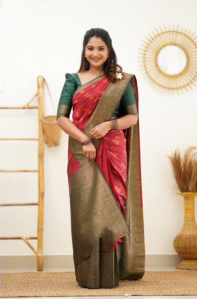 Delectable Maroon Soft Banarasi Silk Saree With Snappy Blouse Piece