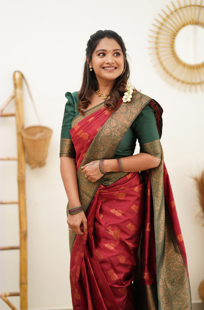 Delectable Maroon Soft Banarasi Silk Saree With Snappy Blouse Piece