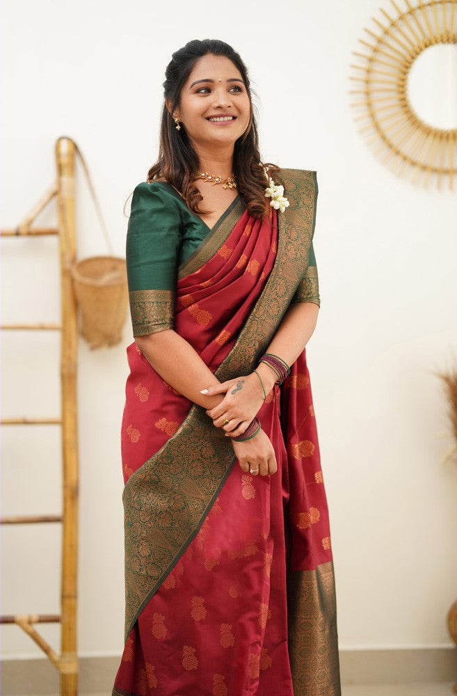 Delectable Maroon Soft Banarasi Silk Saree With Snappy Blouse Piece