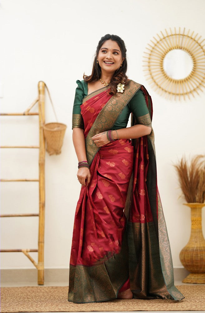 Delectable Maroon Soft Banarasi Silk Saree With Snappy Blouse Piece