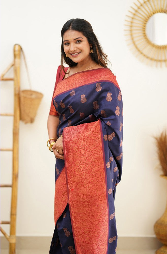 Woebegone Navy Blue Soft Banarasi Silk Saree With Confounding Blouse Piece